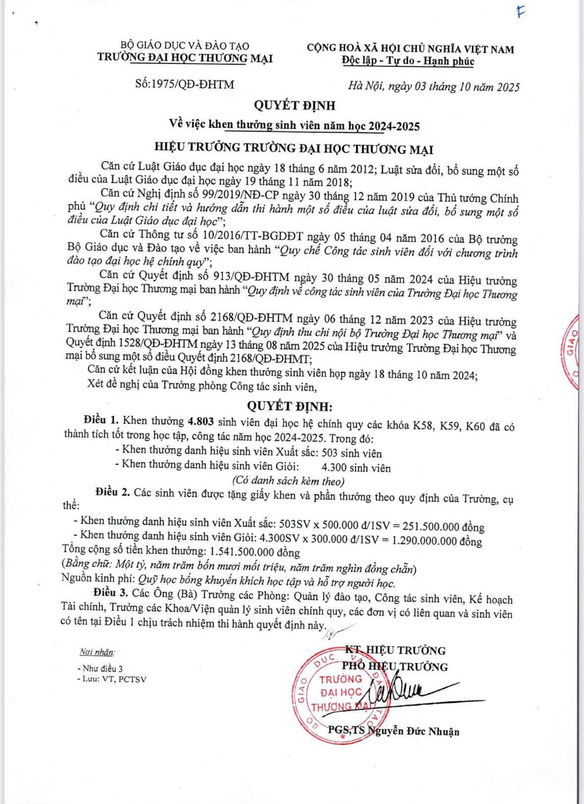 Quyết định khen thưởng sinh viên năm học 2024-2025