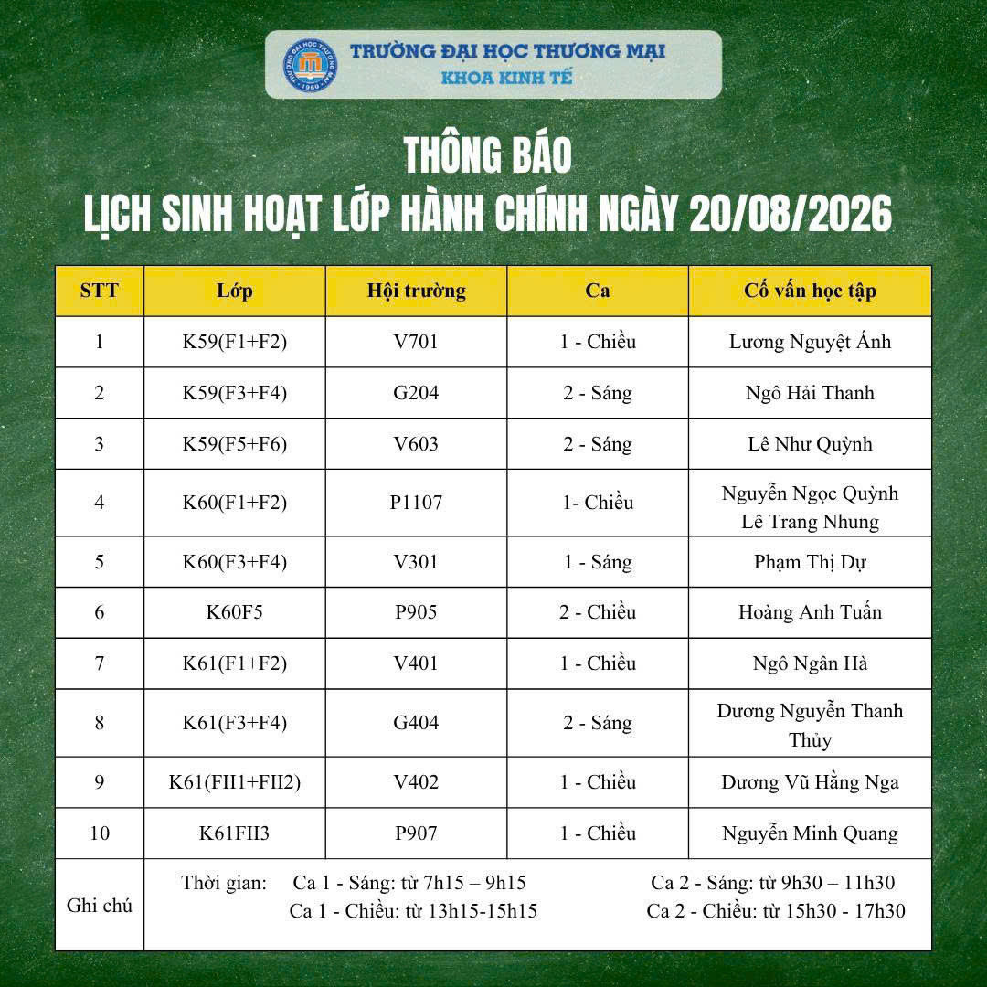 THÔNG BÁO LỊCH SINH HOẠT LỚP HÀNH CHÍNH NGÀY 20/08/2026